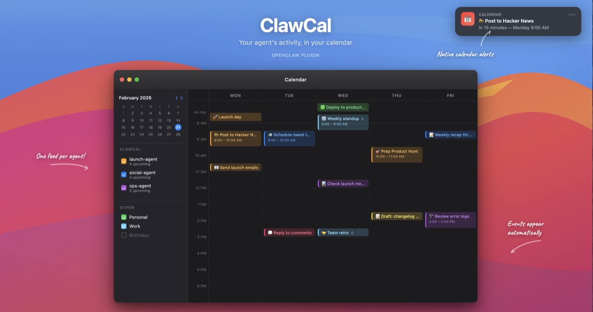 ClawCal hero — Apple Calendar showing agent events