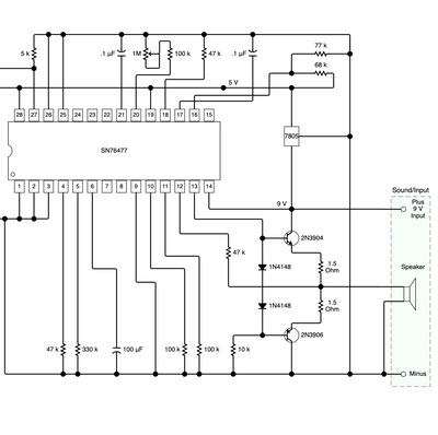 A diagram and palette of circuit componenets that allows for the creation of circuit schematics with manually shaped and routed links that save to a JSON model.