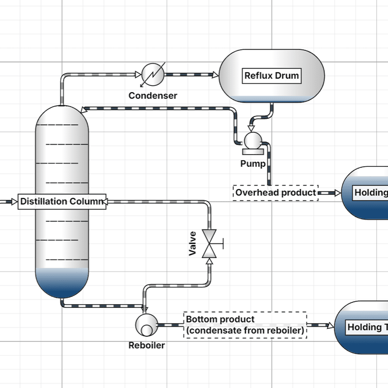 Industrial process flow diagram containing tanks, valves, and pipes, with animated flow in the pipes.
