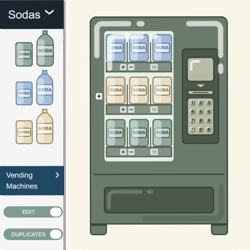 Drag and drop sodas from the Palette onto the vending machine. Use tools to edit the vending machine as well.