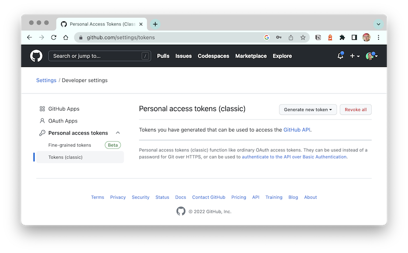 Screenshot: GitHub personal access tokens configuration page