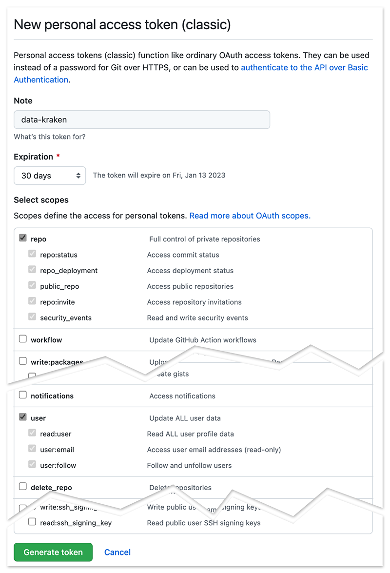 Screenshot: Adding a new personal access token
