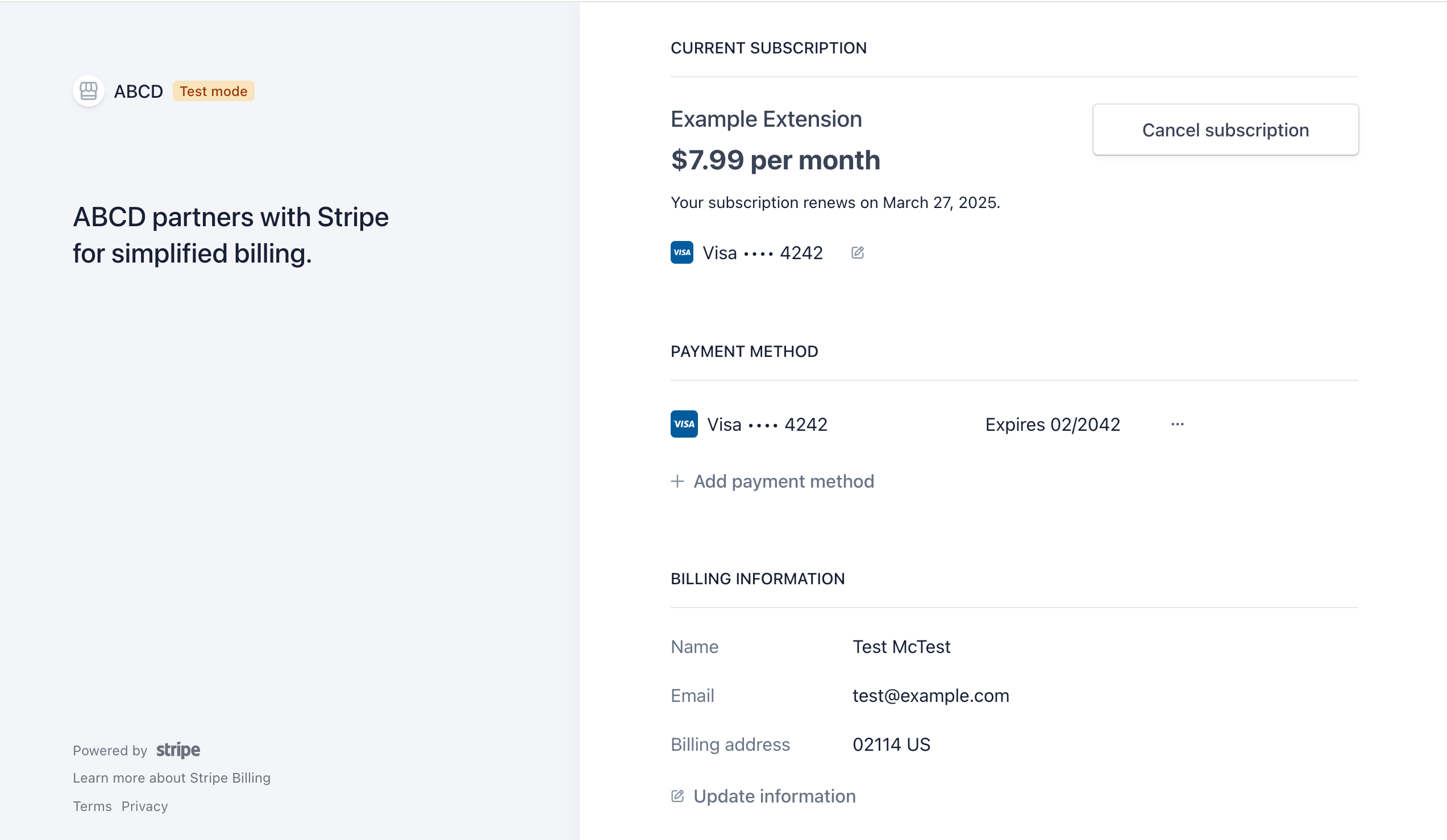 Screenshot of example subscription management page.