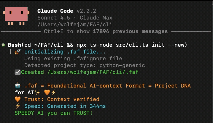 Running faf init - Claude character witnessing 344ms transformation