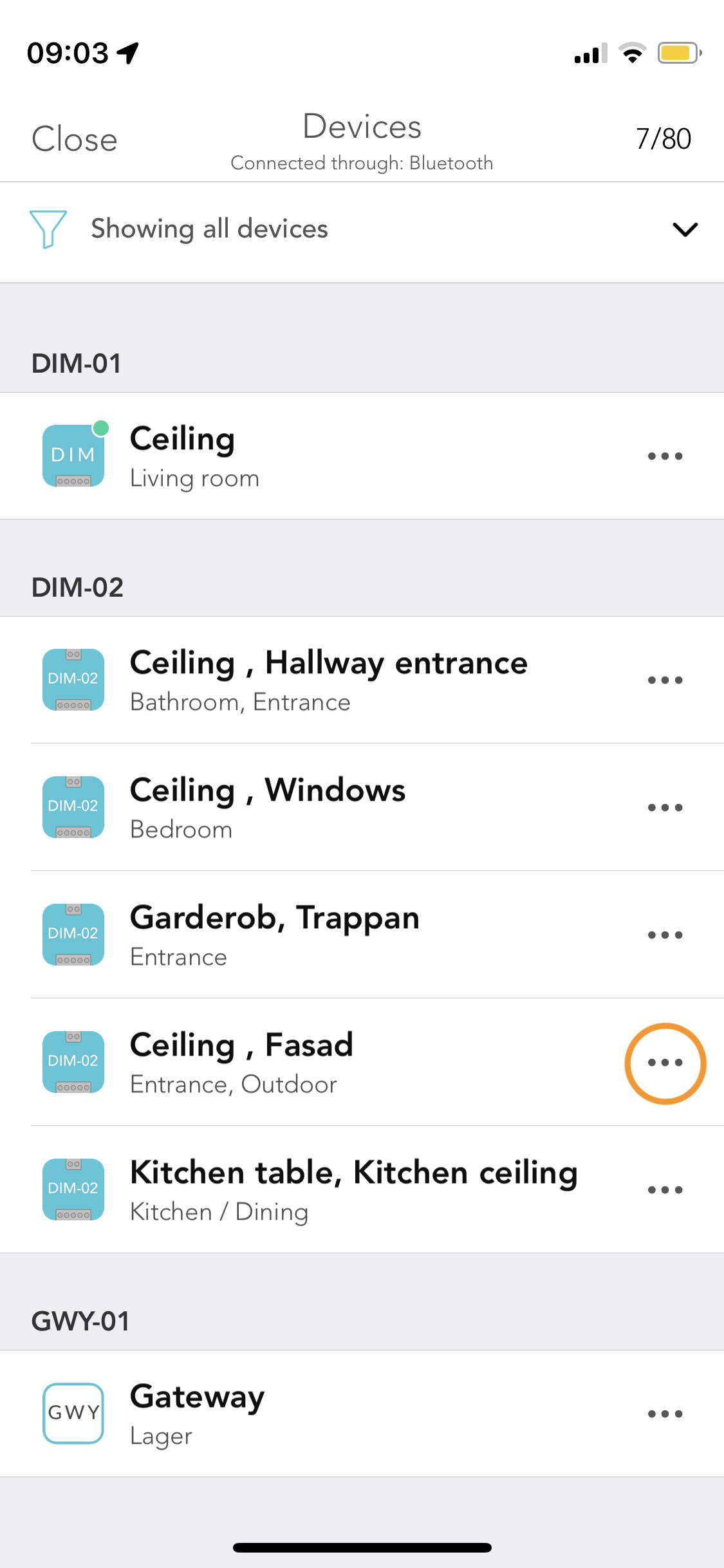 Plejd iOS app devices view