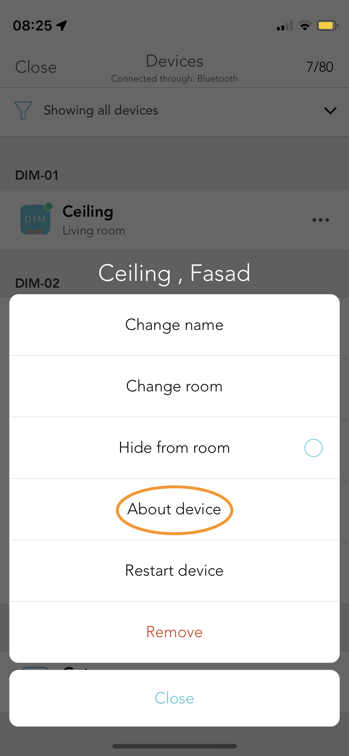 Plejd iOS app about device menu