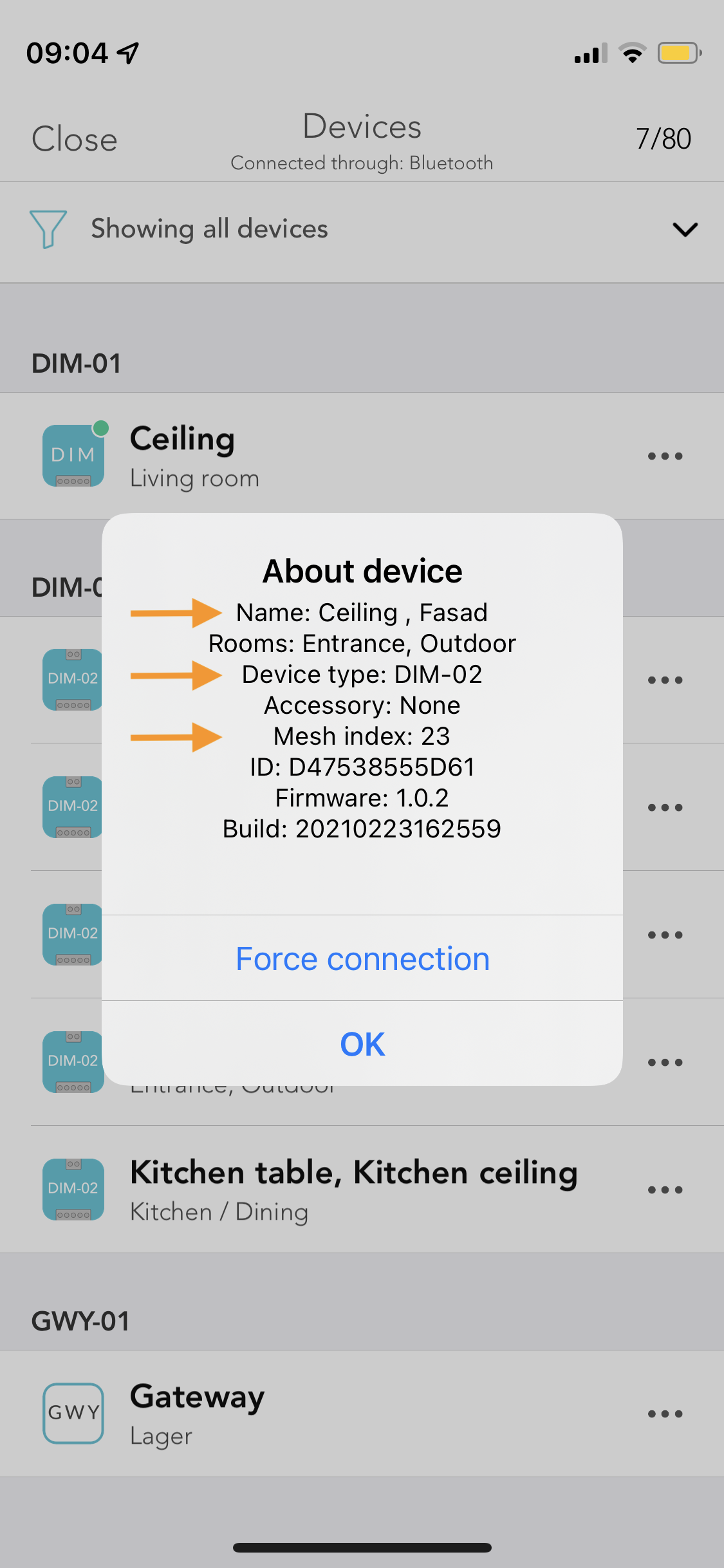 Plejd iOS app about device popup