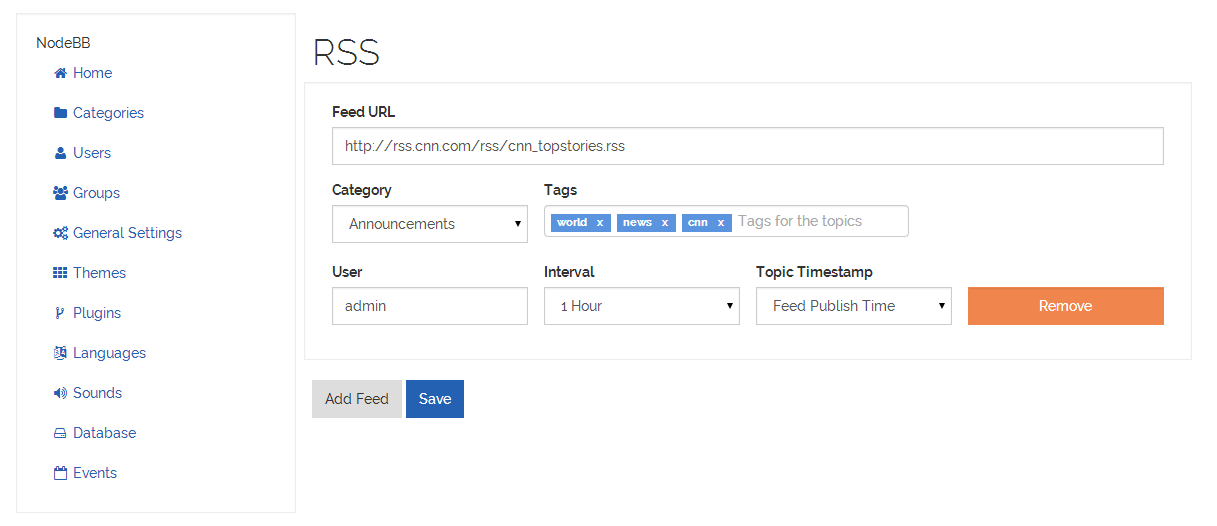 Screenshot of the user interface of the NodeBB RSS Parser plugin