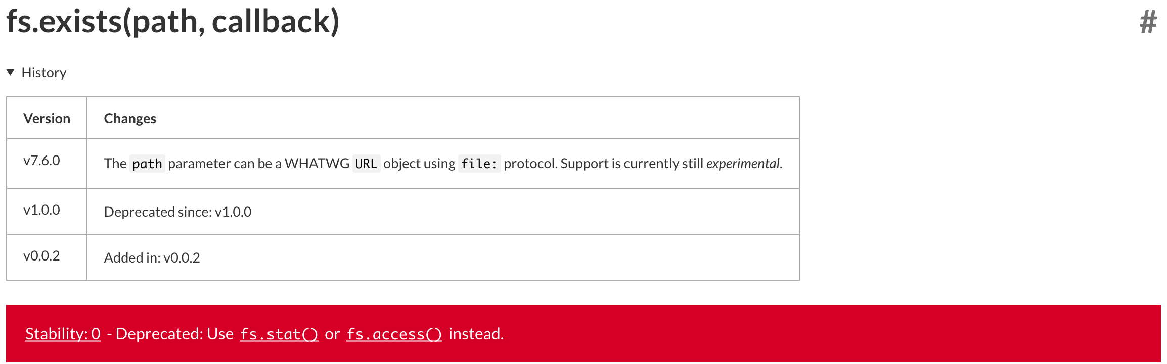 api deprecation fs exists