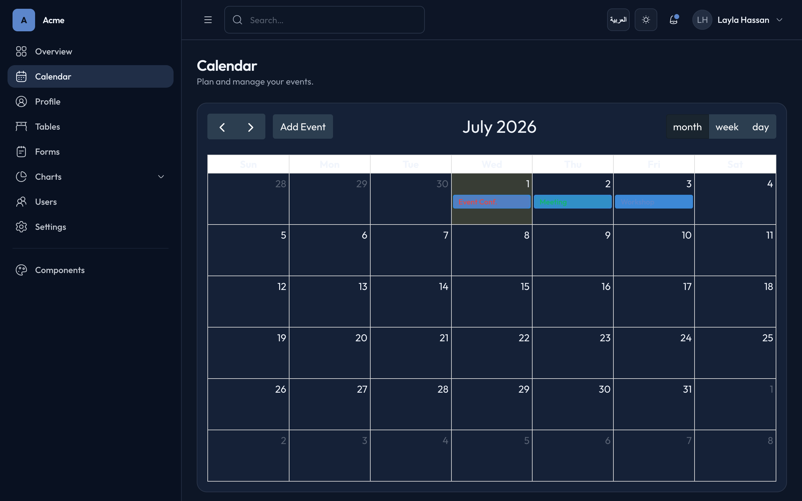 TailAdmin · OCA Brand Calendar, dark