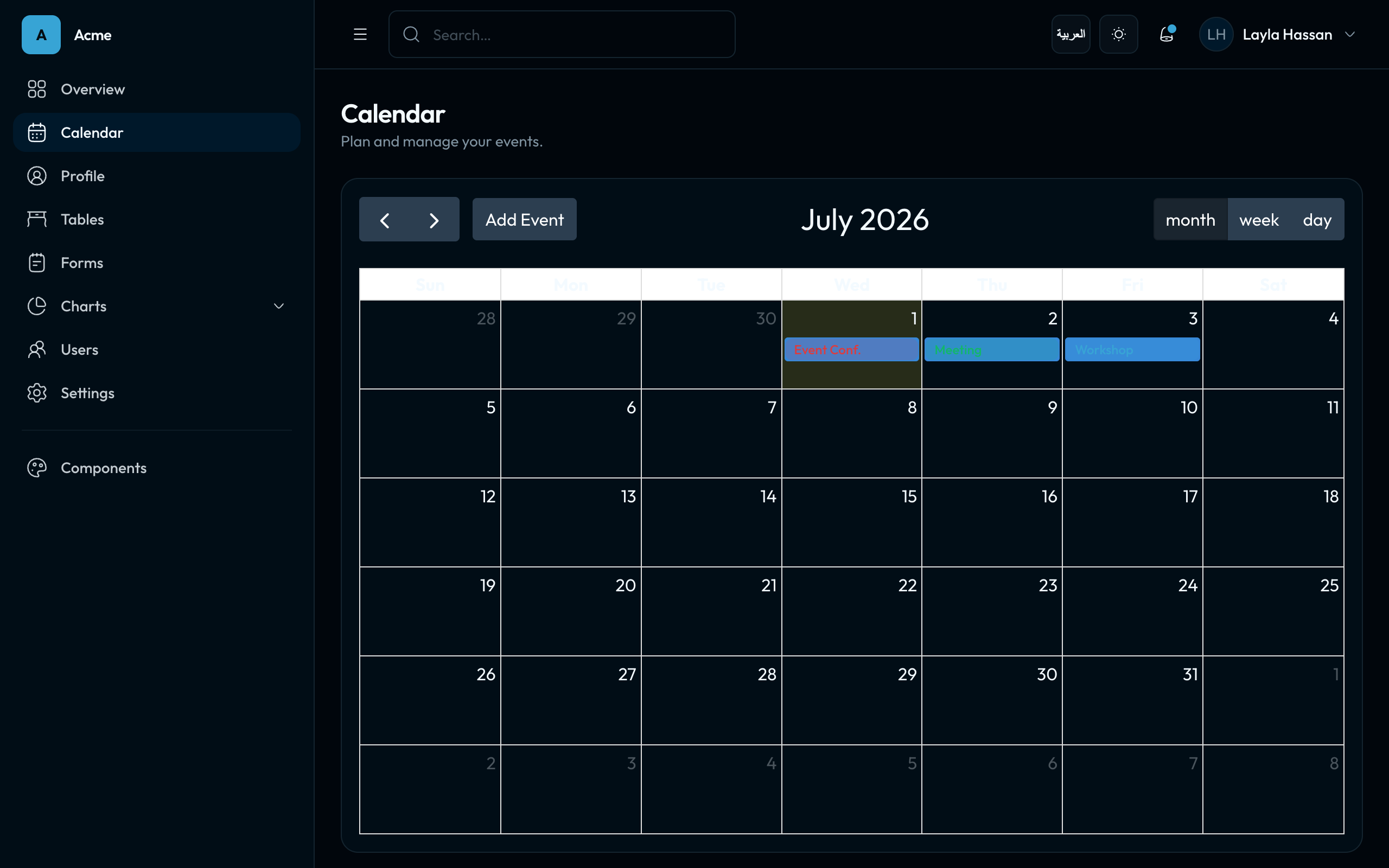 TailAdmin Calendar, dark