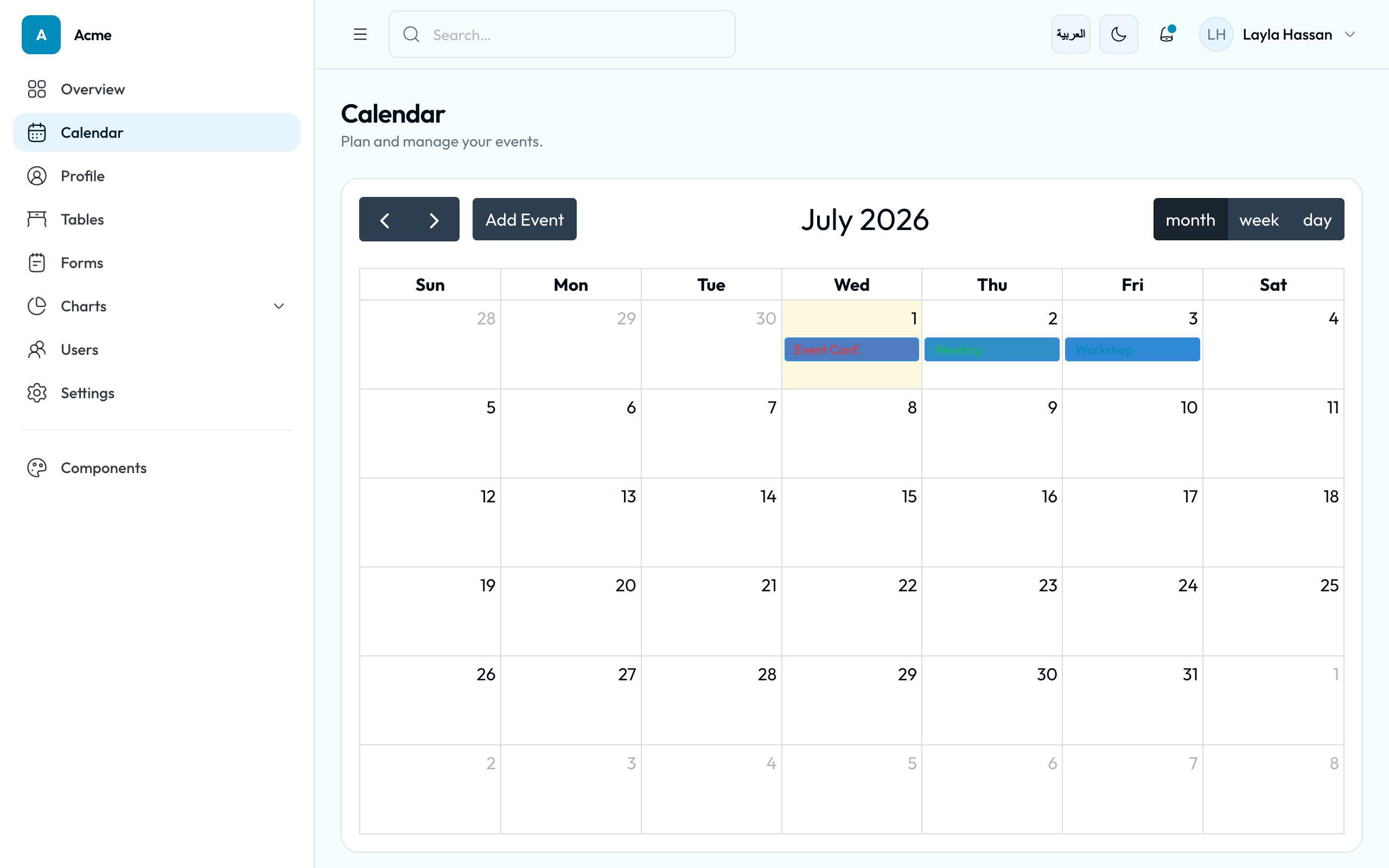 TailAdmin Calendar, light
