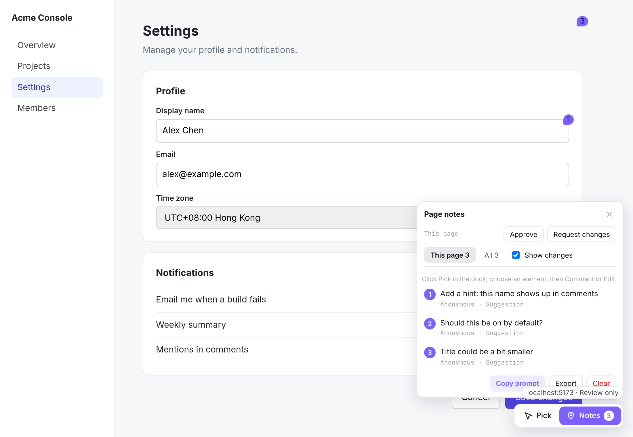 Bookmarklet dock on a plain page
