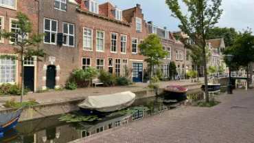 Picturesque house facades in Leiden, a city and municipality in the province of South Holland, Netherlands.