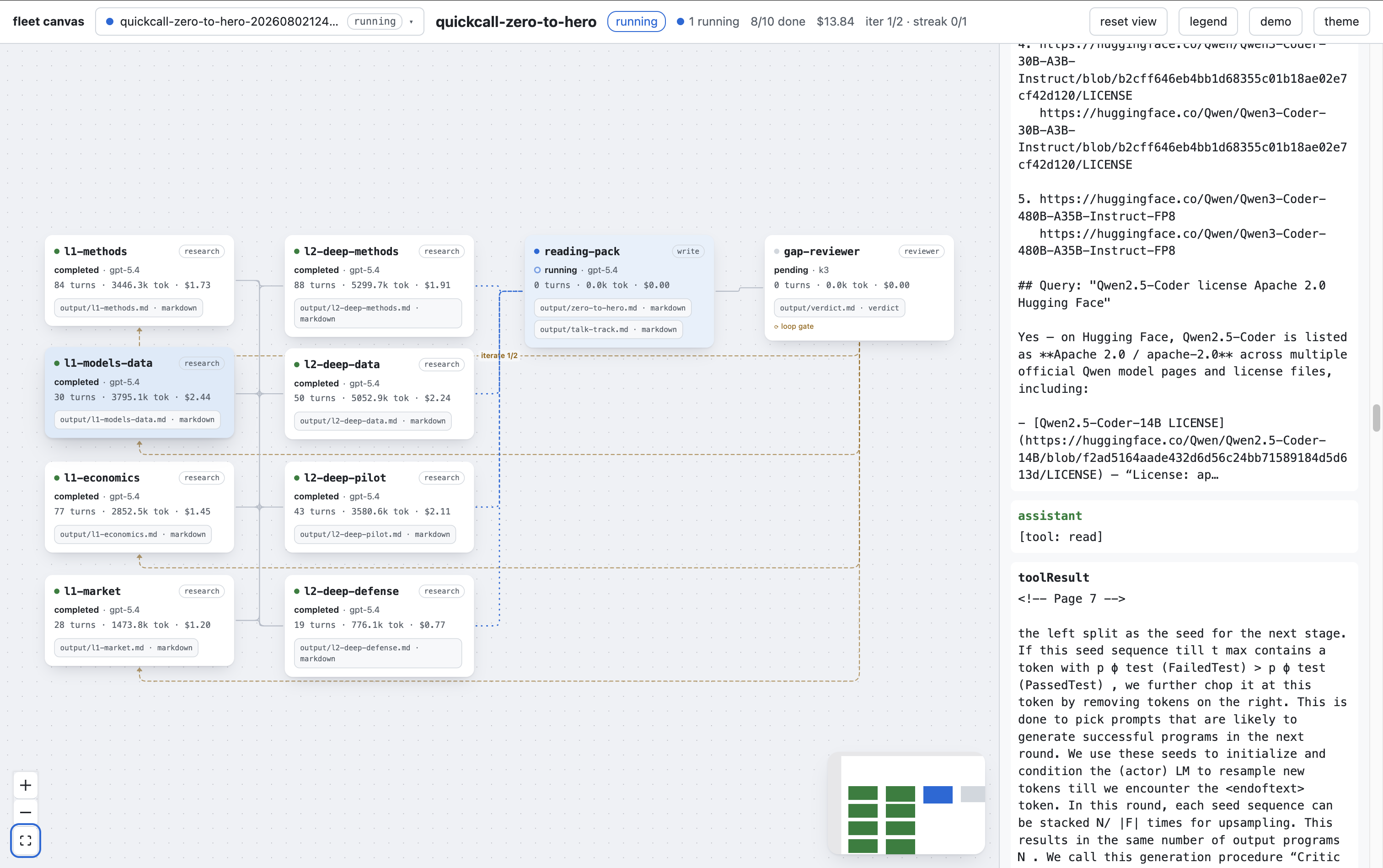 Fleet canvas — click a node to peek its session tail