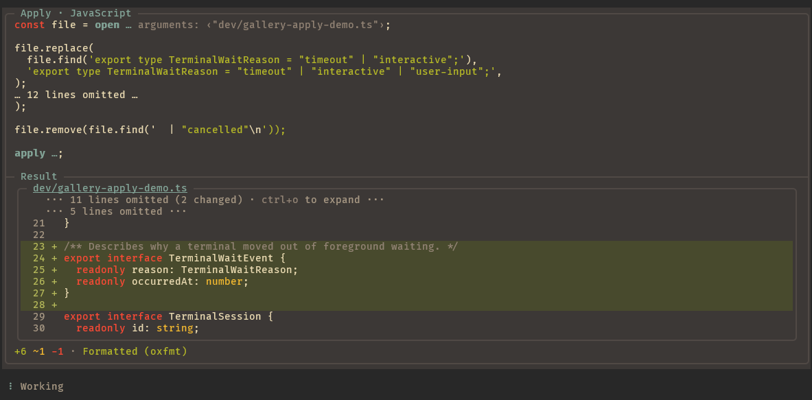 A multi-step file edit staged and committed through Apply