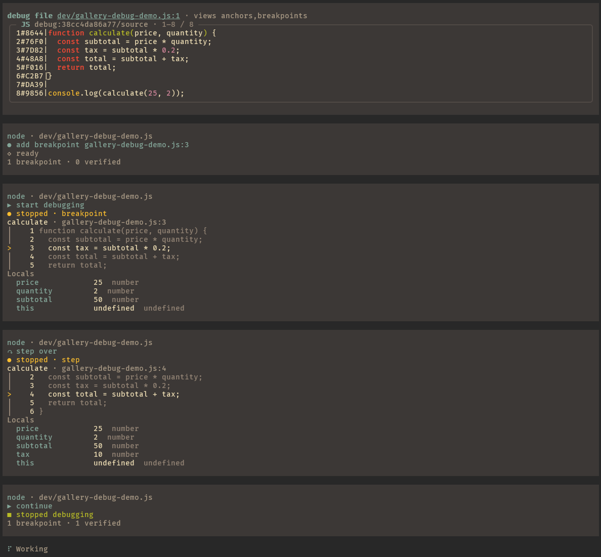 Setting a breakpoint, inspecting locals, stepping, and continuing a debugger session