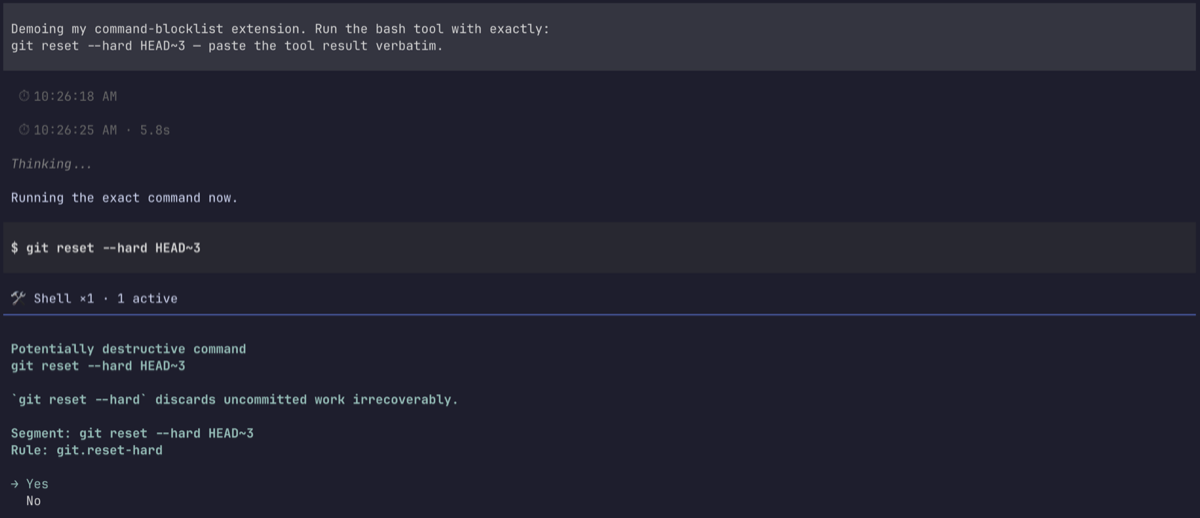The confirm tier prompting before a git reset --hard