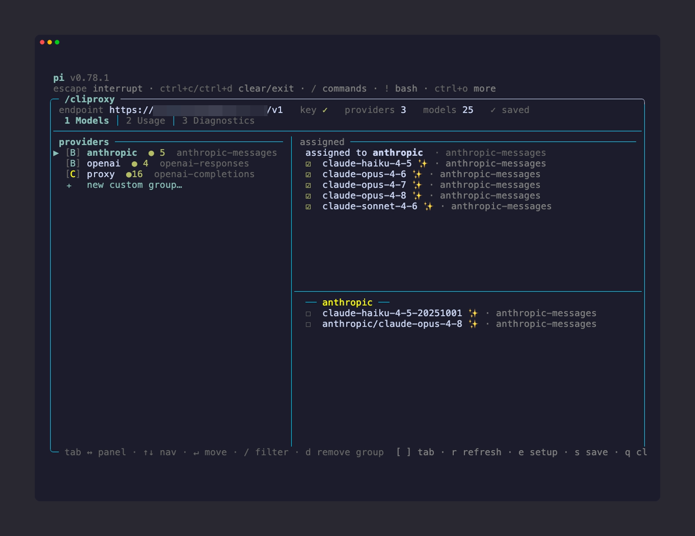 pi-cliproxyapi — the /cliproxy hub, Models tab