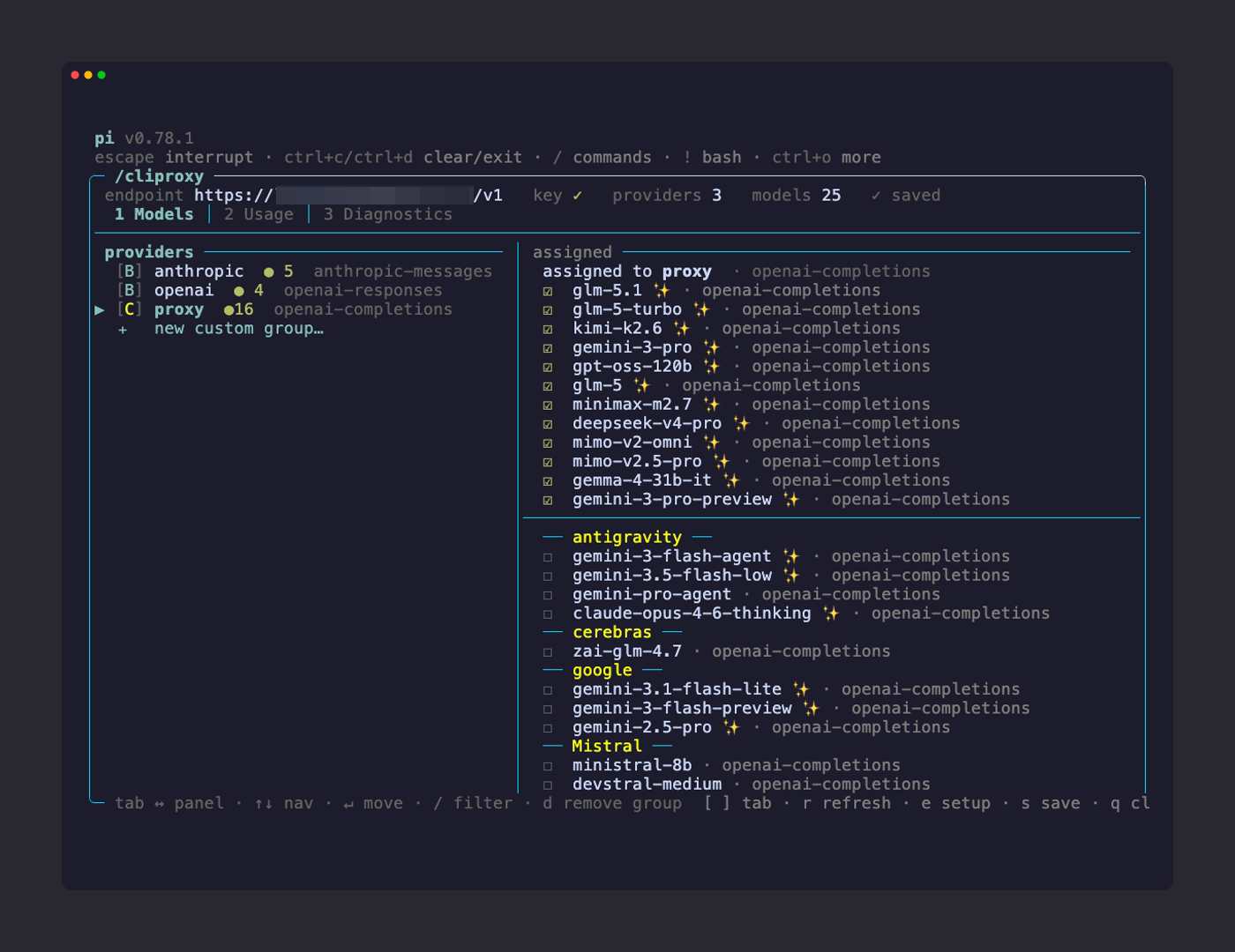 Models tab: custom proxy group with grouped available pool