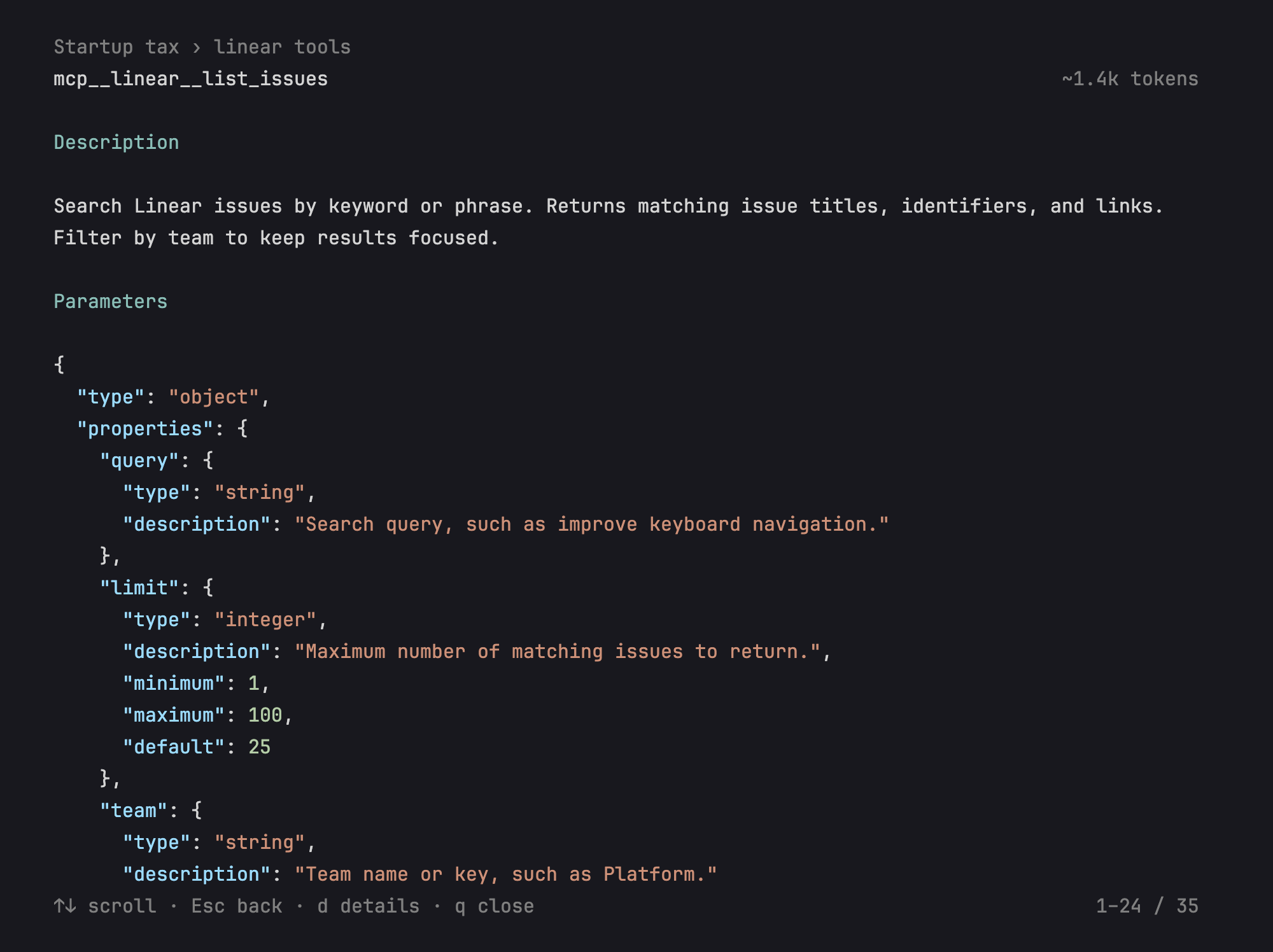A Linear tool's description and formatted parameters