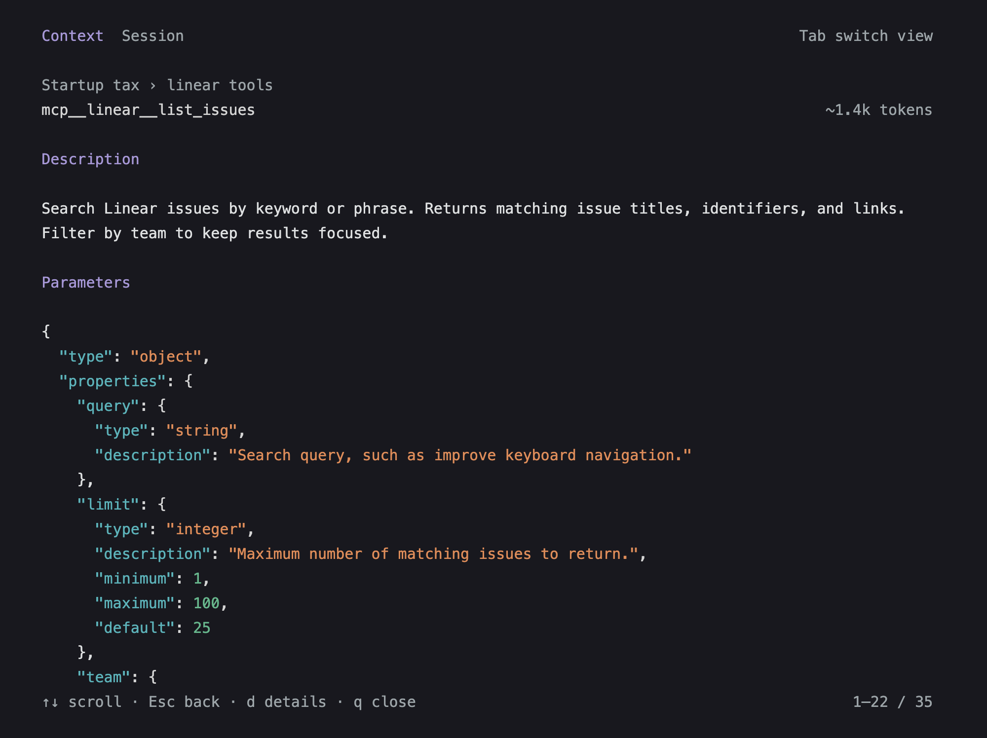 A Linear tool's description and formatted parameters