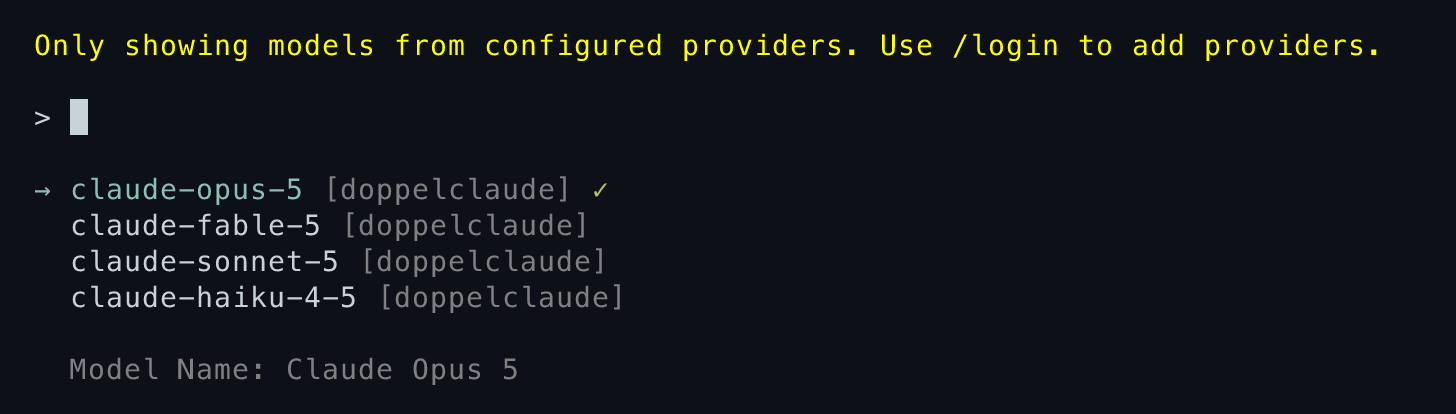 pi's model picker listing Claude Opus 5, Fable 5, Sonnet 5, and Haiku 4.5 under the doppelclaude provider
