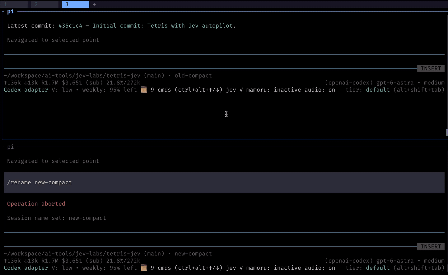 `/compact-jev` compacting a pi session in under a second