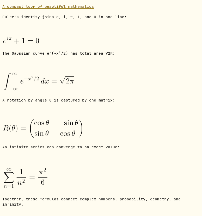 Ghostty showing Unicode inline formulas and MathJax display-formula images