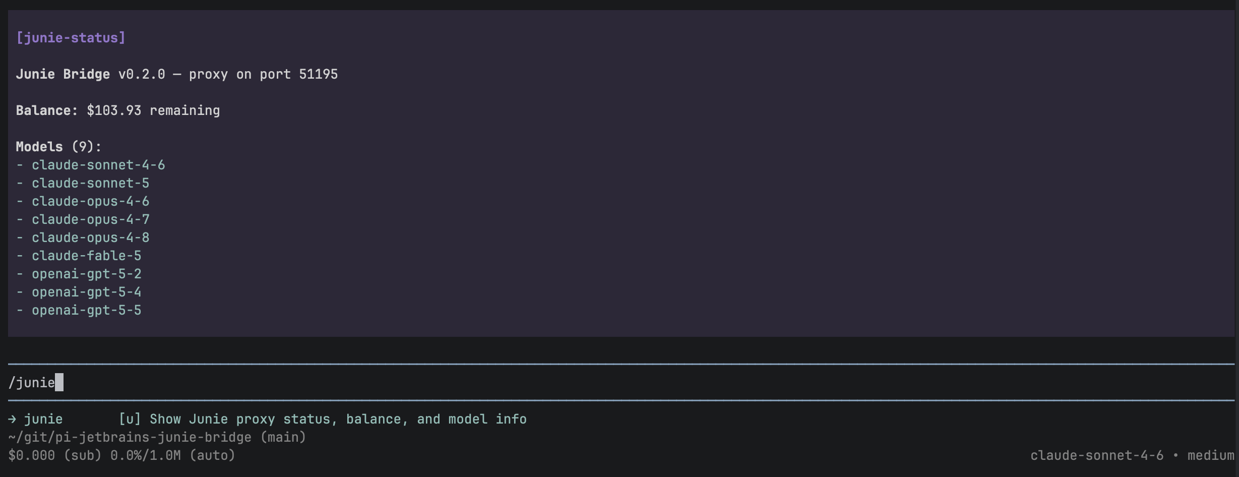 Screnshot showcasing the `junie` command