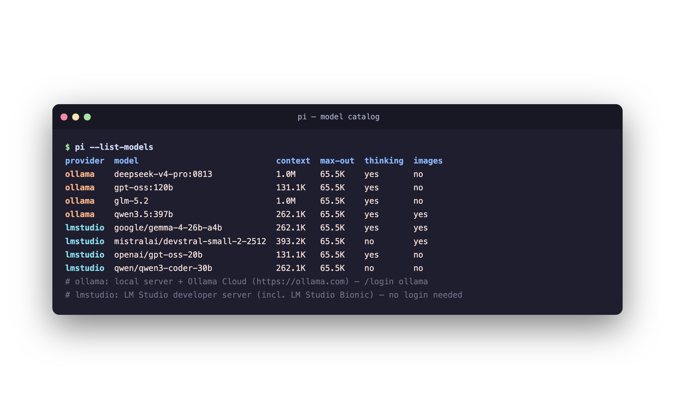 pi --list-models showing live-discovered ollama and lmstudio models