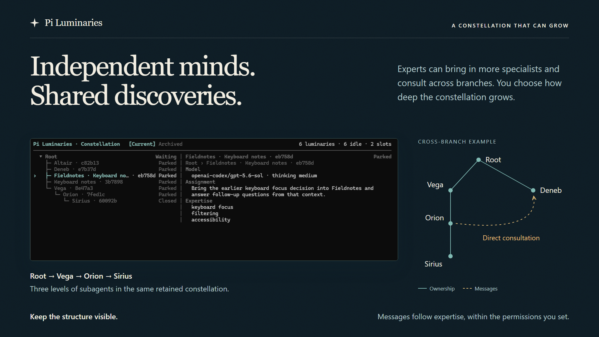 A nested constellation alongside a diagram showing ownership and direct communication between experts