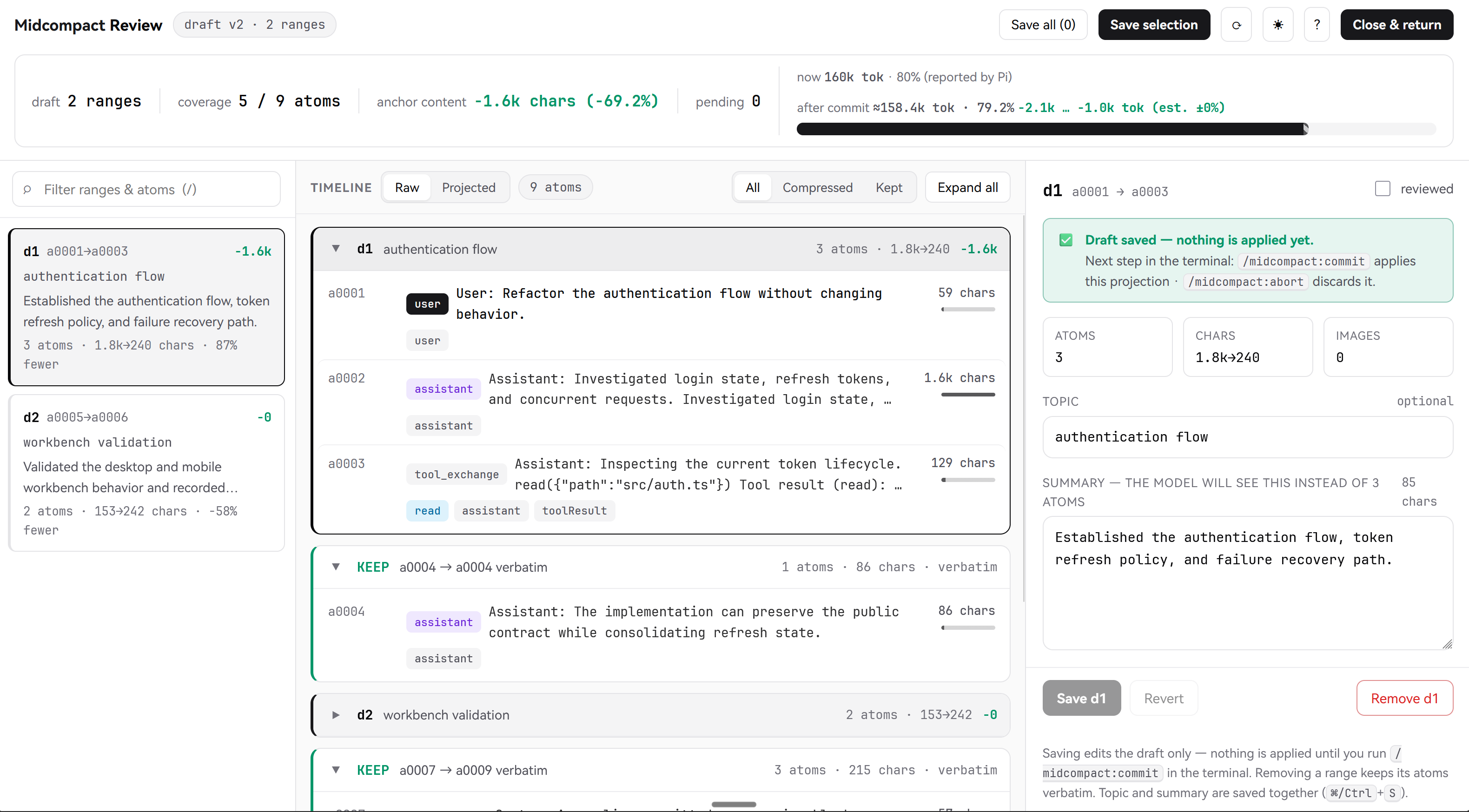 Editable browser review UI showing 42 of 73 atoms selected across two compression ranges