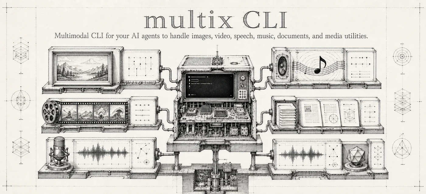 Isometric engraving-style illustration of the multix CLI: a central processing machine wired to modules for images, video, speech, music, documents, and 3D models