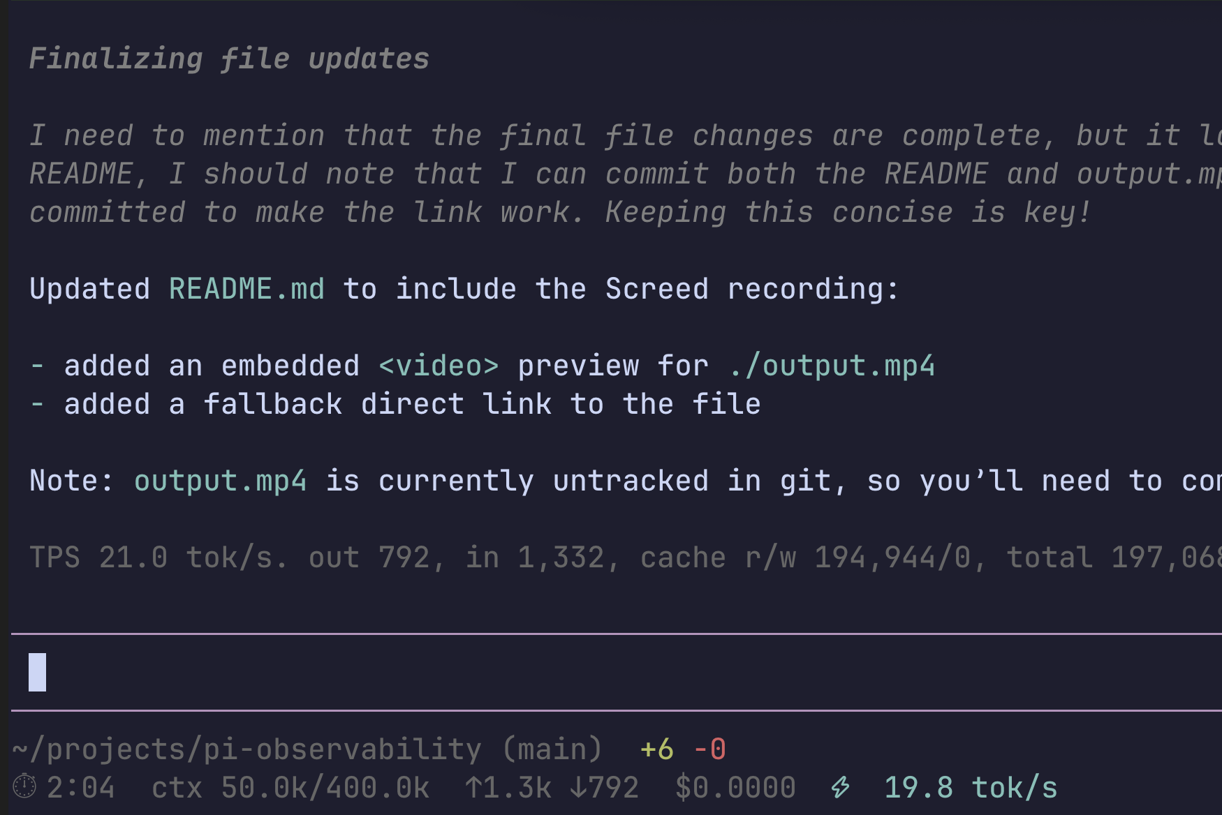 Git diff in the footer status bar