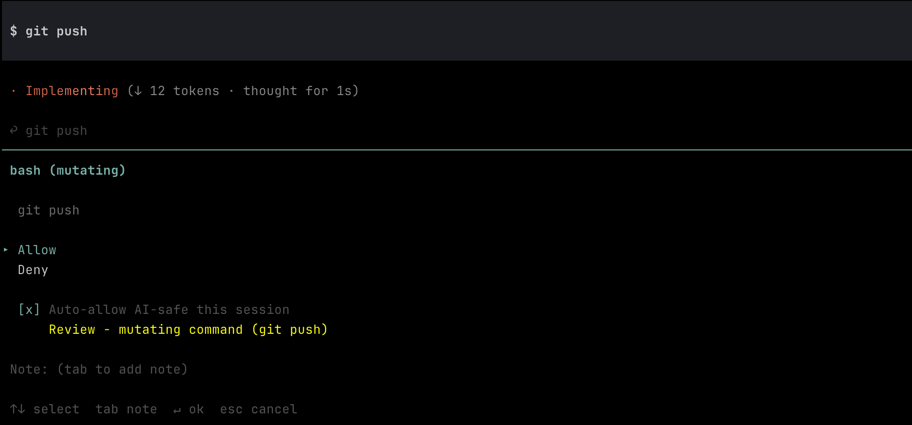 ask mode bash review — mutating needs approval