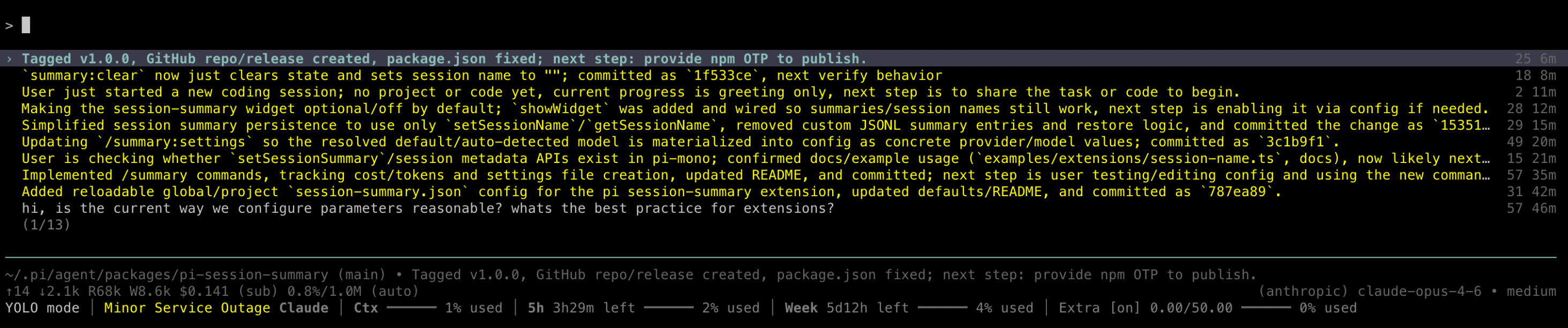 Session summaries in pi's status bar and session list