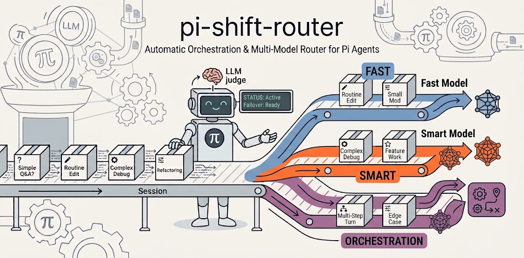 pi-shift-router hero — routine turns stay on the cheap tier; a judge moment upgrades the work that matters to the strong tier, which plans and delegates to fast engineers