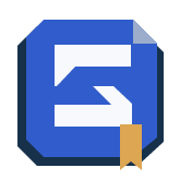 Smart Compact emblem: a folded blue folio with a white S-shaped page and a gold bookmark.
