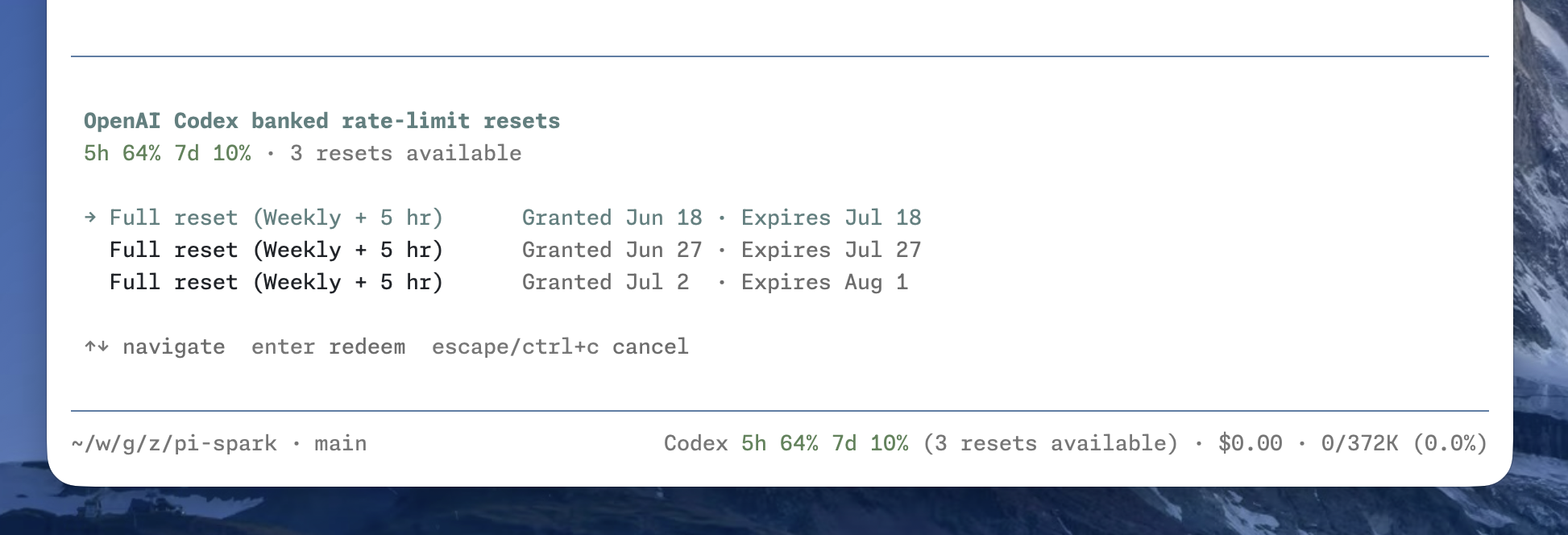Codex resets
