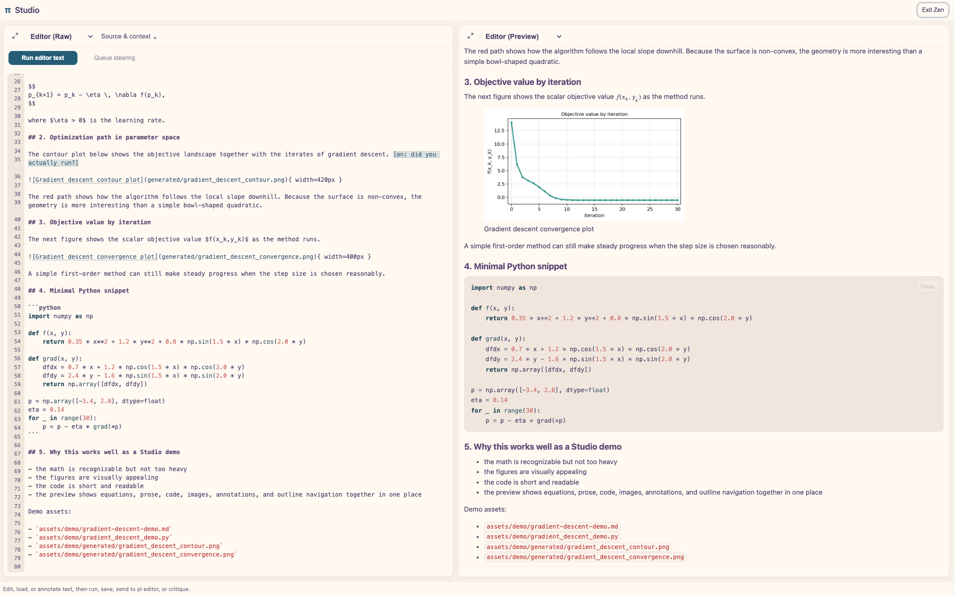 Pi Studio Zen mode with custom theme and rendered code preview