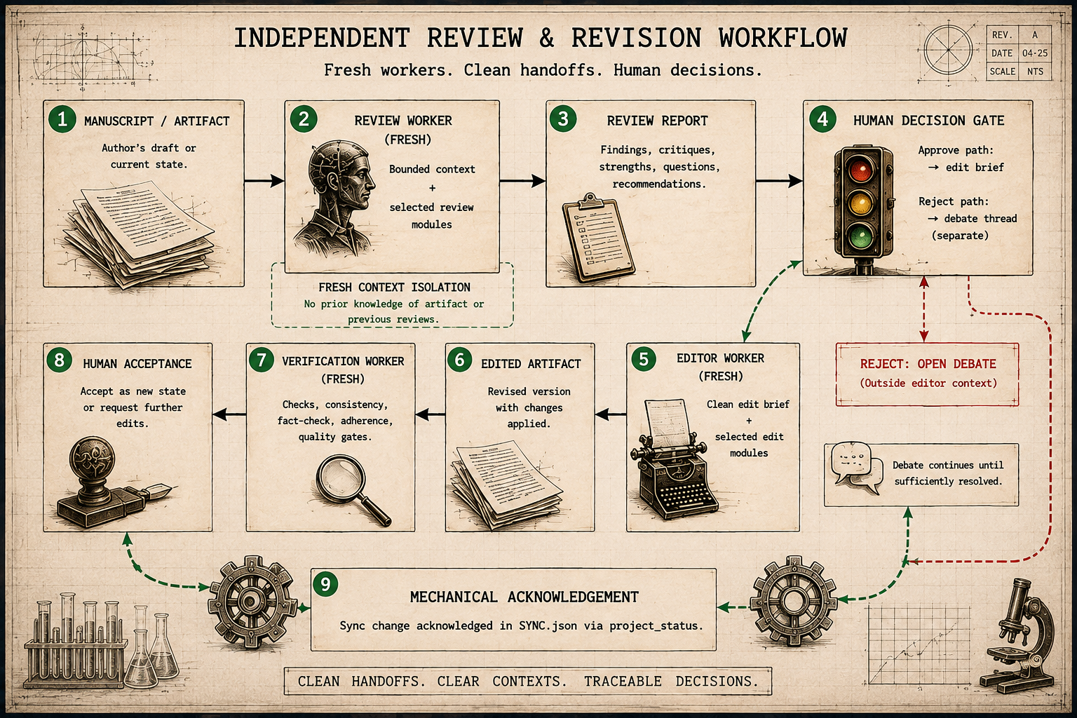 Pi Sych review and edit workflow: independent review, human decision,
clean-context editing, fresh verification, and
acknowledgement