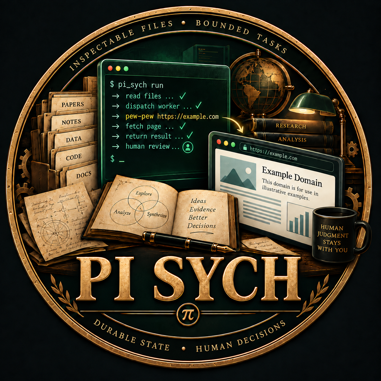 Pi Sych logo: inspectable files, bounded tasks, durable state, and
human decisions