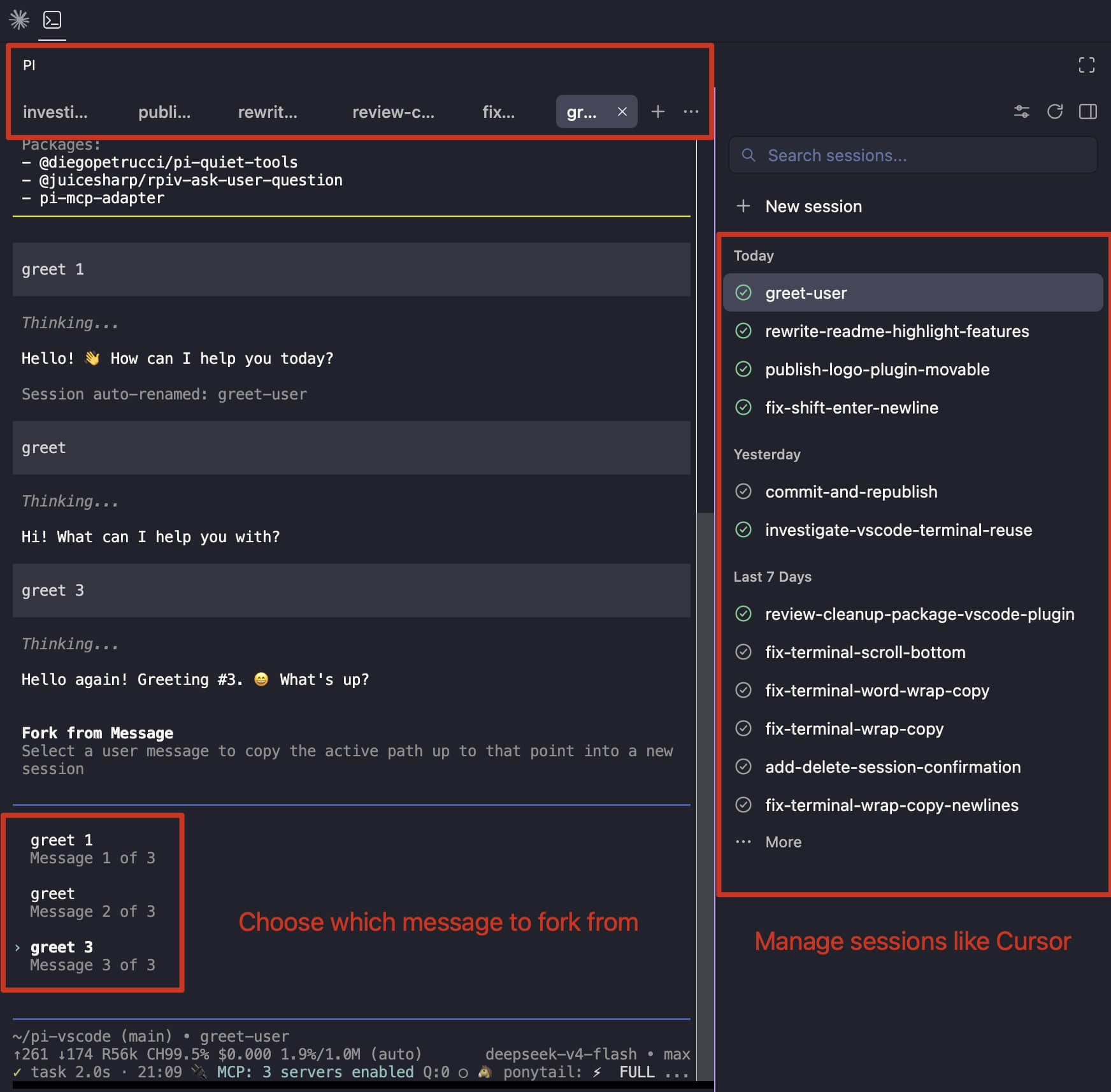 Selecting a message to fork in Pi Coding for VS Code