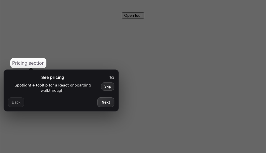Product tour demo — spotlight, tooltip, and steps