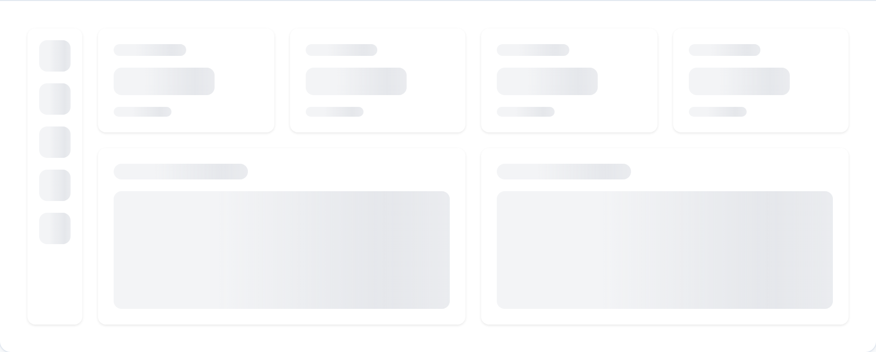 React dashboard skeleton loader — KPI cards, chart placeholders, and sidebar