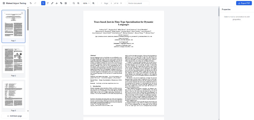 Editor with the document name and tools in the toolbar, page thumbnails on the left, the open PDF in the center, and the properties panel on the right