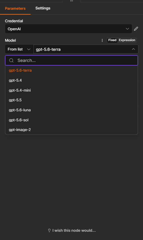 Model selector listing GPT-5.6 Sol, Luna, and Terra model aliases