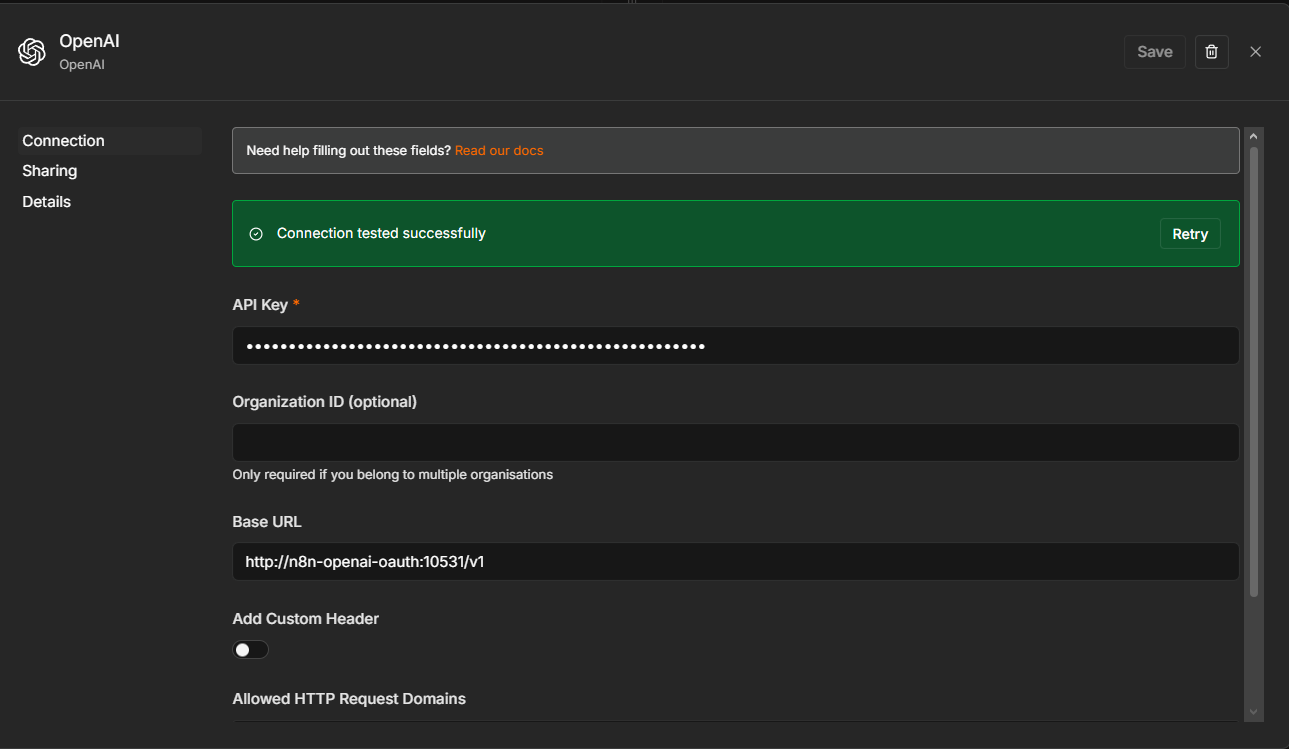n8n OpenAI credential dialog showing that the connection test succeeded
