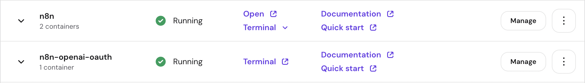Docker Desktop showing the n8n and n8n-openai-oauth containers running